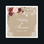 Kraft Rustic Wedding Jar Lights Servet<br><div class="desc">Kraft Rustic Wedding String Lights Mason Jars Waterverf Burgundy Marsala Floral Lace Paper Napkins</div>