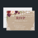 Kraft Rustic Wedding Lace Floral RSVP w/Meal B<br><div class="desc">Kraft Rustic Wedding String Lights Waterverf Burgundy Marsala Floral RSVP-kaart met maaltijdkeuzes</div>