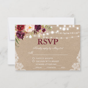 Kraft Rustic Wedding Lace Floral RSVP w/Meal B