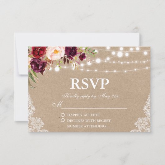 Kraft rustieke bruiloft lichten kant bloemig RSVP (Voorkant)