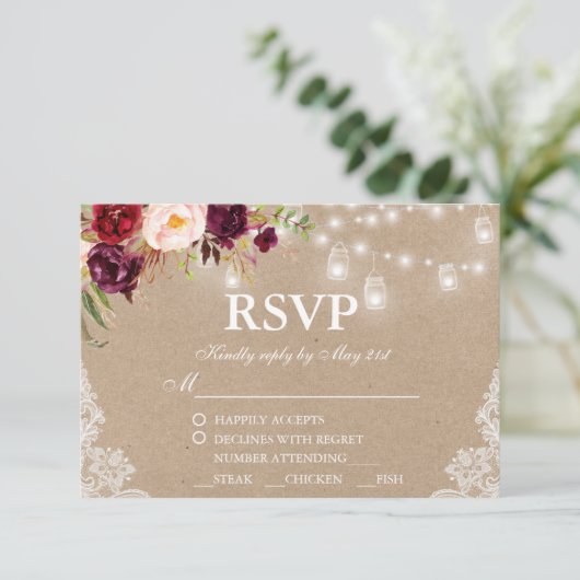 Kraft rustieke bruiloft verlichting kanten potten  RSVP kaartje (Staand voorkant)