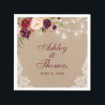 Kraft Rustieke Huwelijk Jar Lichten Kant Bloem Servet<br><div class="desc">Kraft Rustieke Huwelijk Slingerlichten Metselwerkpotten Aquarel Burgundy Bloem Kant Papieren Servetten</div>