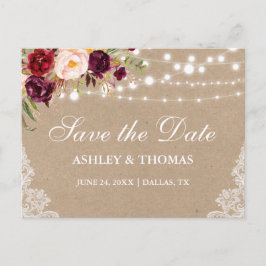 Kraft Rustieke Lichten Kant Bloemen Save the Date Aankondigingskaart