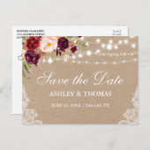 Kraft Rustieke Lichten Kant Bloemen Save the Date Aankondigingskaart (Voorkant / Achterkant)
