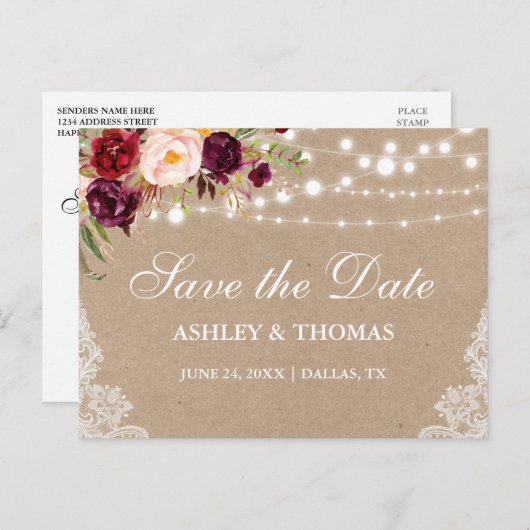 Kraft Rustieke Lichten Kant Bloemen Save the Date Aankondigingskaart (Voorkant / Achterkant)