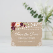 Kraft Rustieke Lichten Kant Bloemen Save the Date Aankondigingskaart (Staand voorkant)