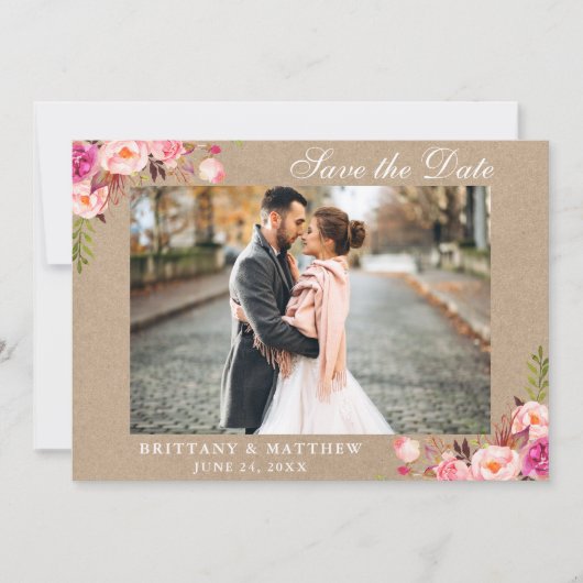 Kraft Save the Date Pink Floral Photo Card Bedankkaart (Voorkant)