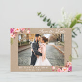 Kraft Save the Date Pink Floral Photo Card Bedankkaart (Staand voorkant)
