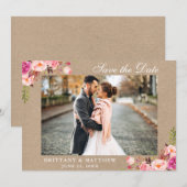 Kraft Save the Date Pink Floral Photo Card Bedankkaart (Voorkant / Achterkant)