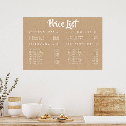 KRAFT Service Prijs Menu Op Maat Gedrukt Poster (Keuken)