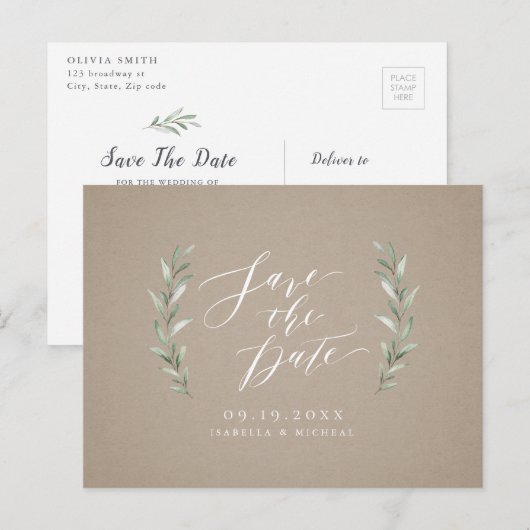 Kraft Simple calligraphy rustic greenery bruiloft Aankondigingskaart (Voorkant / Achterkant)