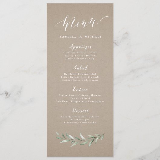 Kraft Simple calligraphy rustic greenery bruiloft Menu (Voorkant)