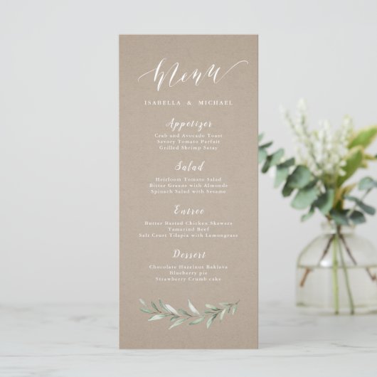 Kraft Simple calligraphy rustic greenery bruiloft Menu (Staand voorkant)