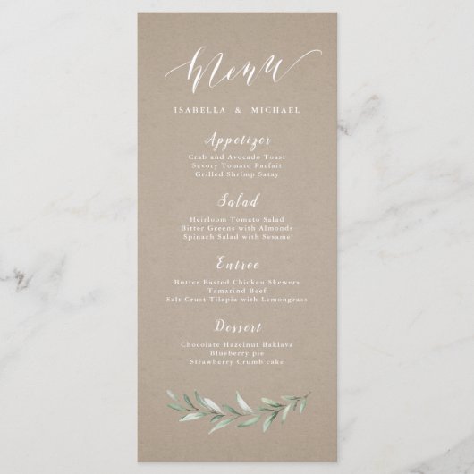 Kraft Simple calligraphy rustic greenery bruiloft Menu (Voorkant)