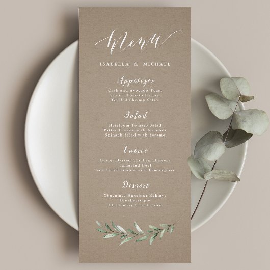 Kraft Simple calligraphy rustic greenery bruiloft Menu