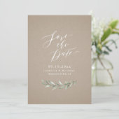 Kraft Simple calligraphy rustic greenery bruiloft Save The Date (Staand voorkant)