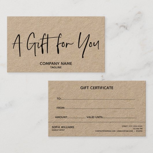 Kraft Simple & Moderne Business Gift Certificate Visitekaartje (Voorkant / Achterkant)