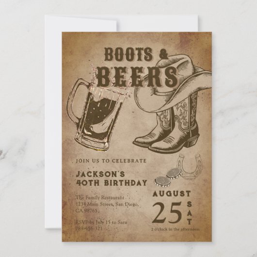 Kraft Sketch Westerne Cowboy Boots & Beers Verjaar Kaart (Voorkant)