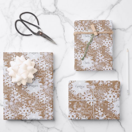 Kraft Snowflakes personaliseerde drie namen Winter Inpakpapier Vel (Voorkant)