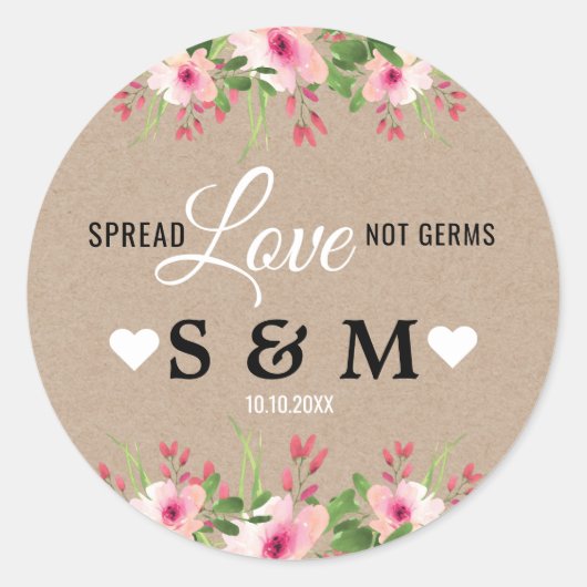 Kraft Spread Liefde Bloemen Bruiloft Monogram Ronde Sticker (Voorkant)