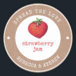 kraft Spread the Love Strawberry Jam Wedding Favor Ronde Sticker<br><div class="desc">Homemade met liefde Rustic Verspreid de liefde van | Jam,  bliksetiket,  aardbeienjam met waterverf aardbei. Geef de homemade bruiloft een plezier. Klaar om zich aan te passen met jouw naam.</div>