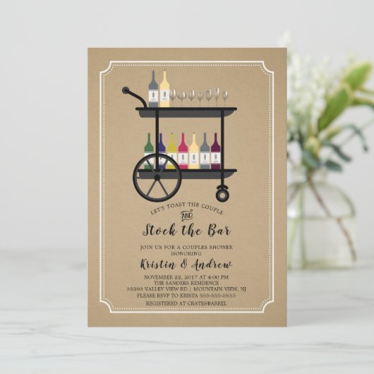 Kraft Stock the Bar Couples Shower Invitation Kaart (Staand voorkant)