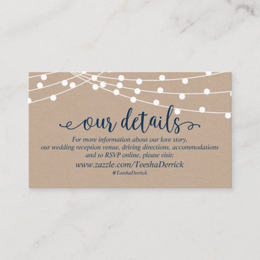 Kraft string lampjes, Navy Blue Script, Onze detai Informatiekaartje (Voorkant)