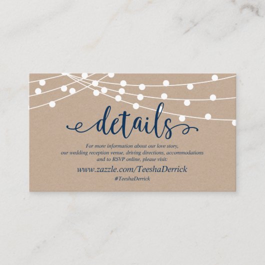 Kraft String Light, Navy Blue, Bruiloftsdetails Informatiekaartje (Voorkant)