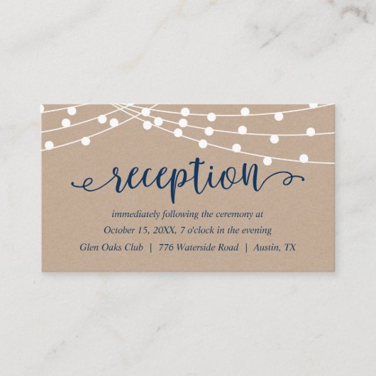 Kraft String Lights, Navy Blue, huwelijksontvangst Informatiekaartje (Voorkant)