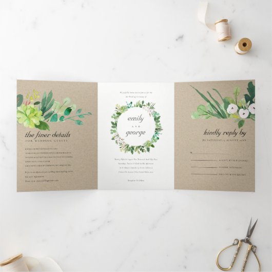 KRAFT SUCCULENT WREATH FOLIAGE WATERVERF WEDDING DRIELUIK UITNODIGING (Binnen)