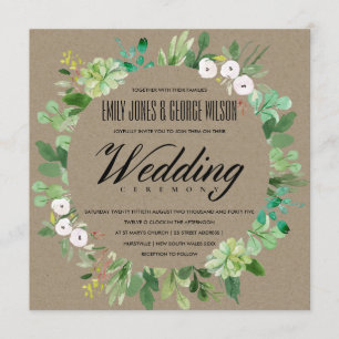 KRAFT SUCCULENT WREATH FOLIAGE WATERVERF WEDDING KAART