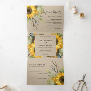 KRAFT SUNFLOWER WATERVERF FLORAL WEDDING INVITE DRIELUIK UITNODIGING