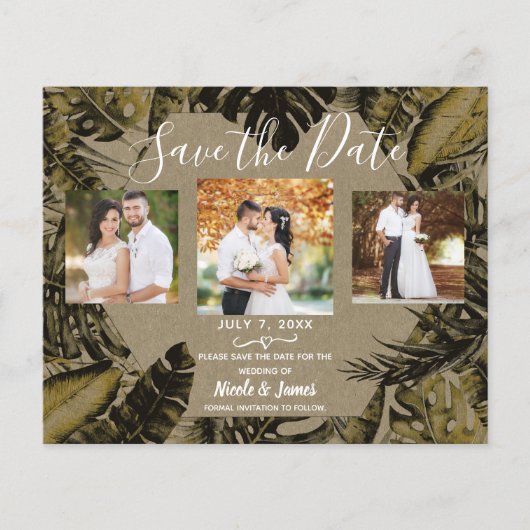 Kraft Tropical Palm Leaves Wedding Save the Date (Voorkant)