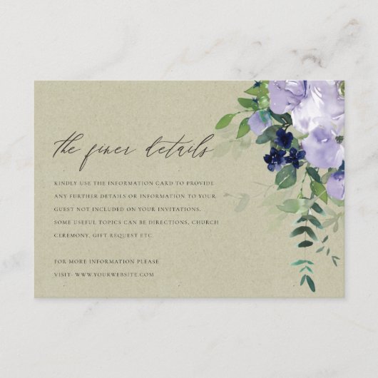 Kraft Violet Paarse Floral Leafy Wedding Details Informatiekaartje (Voorkant)