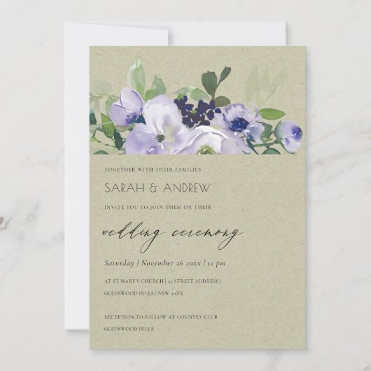 Kraft Violet Paarse Floral Leafy Wedding Invite Bedankkaart (Voorkant)