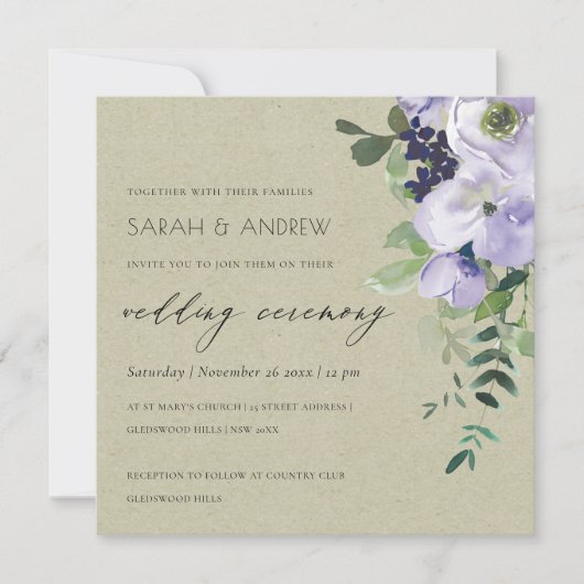 Kraft Violet Paarse Floral Leafy Wedding Invite Bedankkaart (Voorkant)