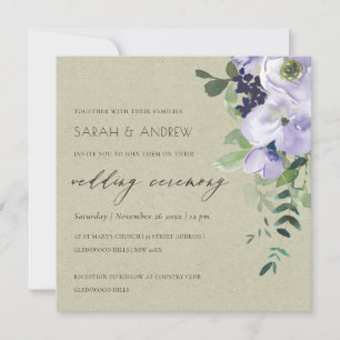 Kraft Violet Paarse Floral Leafy Wedding Invite Bedankkaart