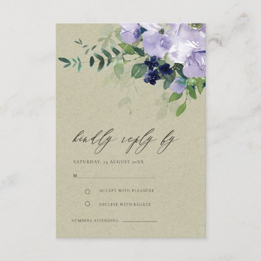 Kraft Violet Paarse Floral Leafy Wedding RSVP Informatiekaartje (Voorkant)