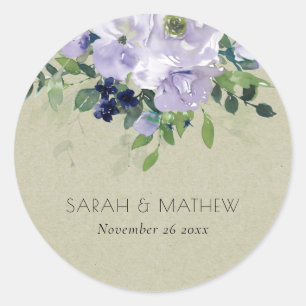 Kraft Violet Paarse marine Floral Leafy Wedding Ronde Sticker
