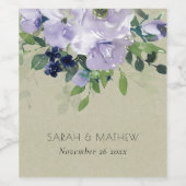 Kraft Violet Paarse marine Floral Leafy Wedding Wijn Etiket (Enkel label)