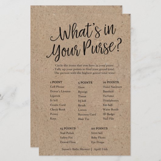 Kraft Wat zit er in je Purse Baby shower Game Kaar (Voorkant / Achterkant)