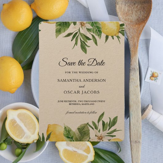 Kraft Watercolor Gele Citroenen & Blad   Save The Date