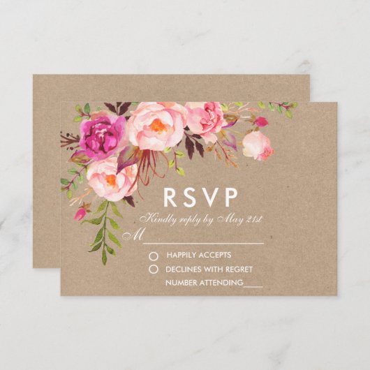 Kraft Waterverf Bloemenroze RSVP Bruiloft (Voorkant / Achterkant)