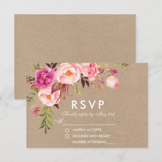 Kraft Waterverf Bloemenroze RSVP Bruiloft Kaartje (Voorkant / Achterkant)