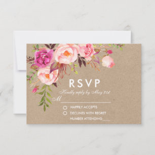 Kraft Waterverf Bloemenroze RSVP Bruiloft Kaartje