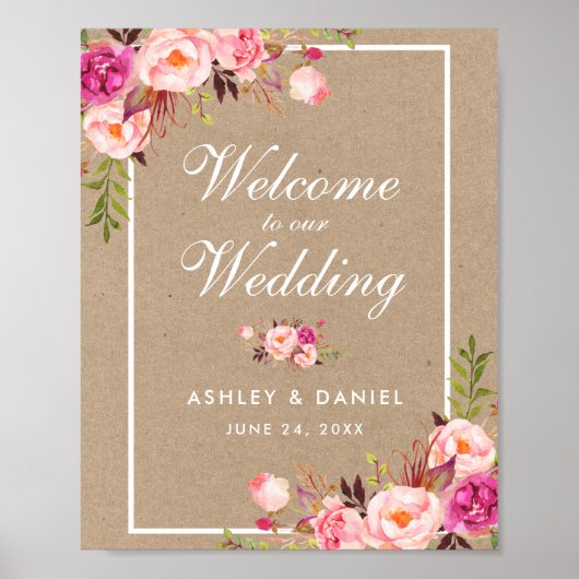 Kraft Waterverf Floral Pink Blush Weddenschap Welk Poster (Voorkant)