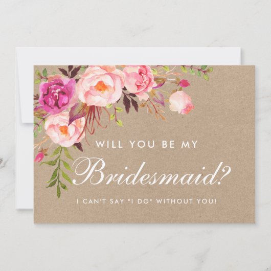 Kraft Waterverf Floral Pink Bridesmaid Kaart (Voorkant)