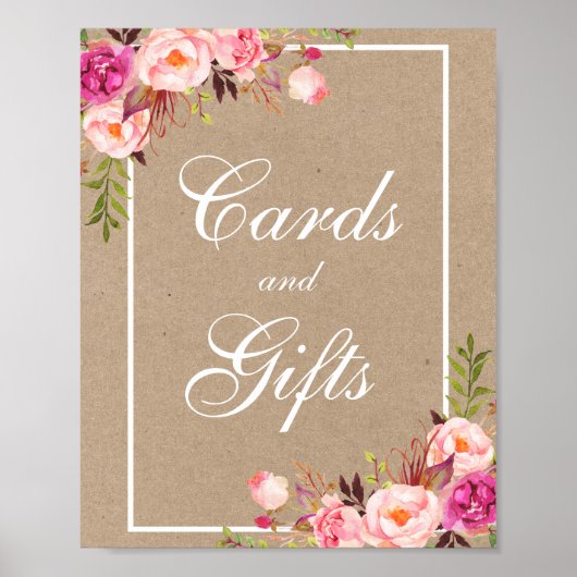 Kraft Waterverf Floral Pink Wedding Cards Gifts Poster (Voorkant)