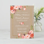 Kraft Waterverf Koral Floral Gold Wedding Invite (Staand voorkant)