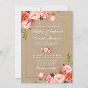 Kraft Waterverf Koral Floral Gold Wedding Invite